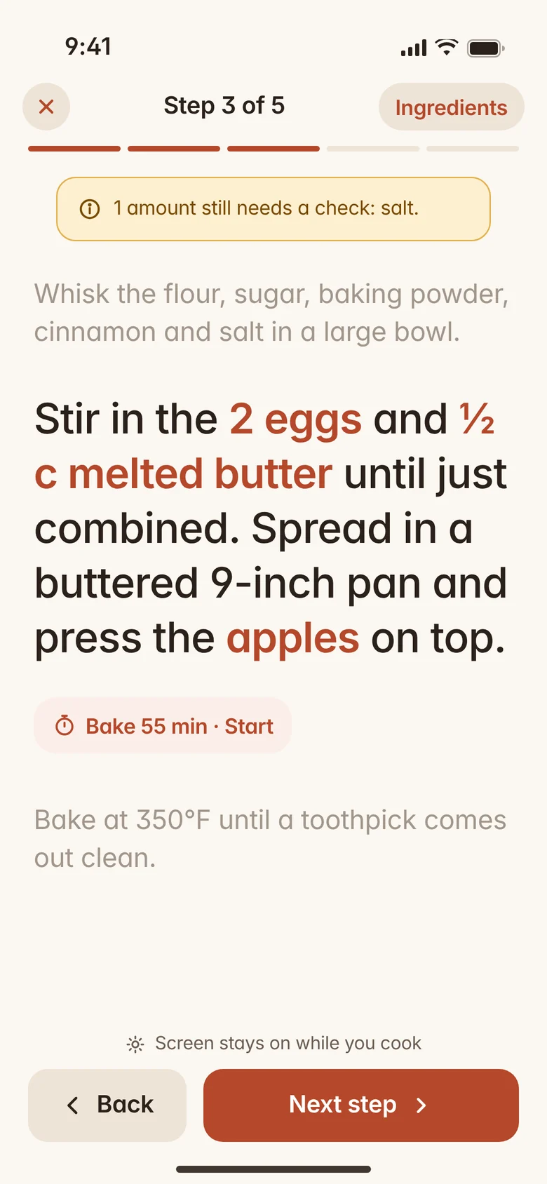 Cook mode showing one large step at a time with the ingredients it uses