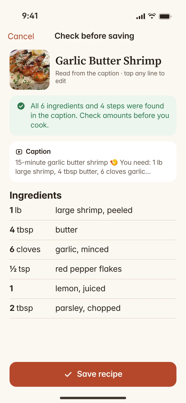 Checking a recipe imported from a TikTok caption before saving it