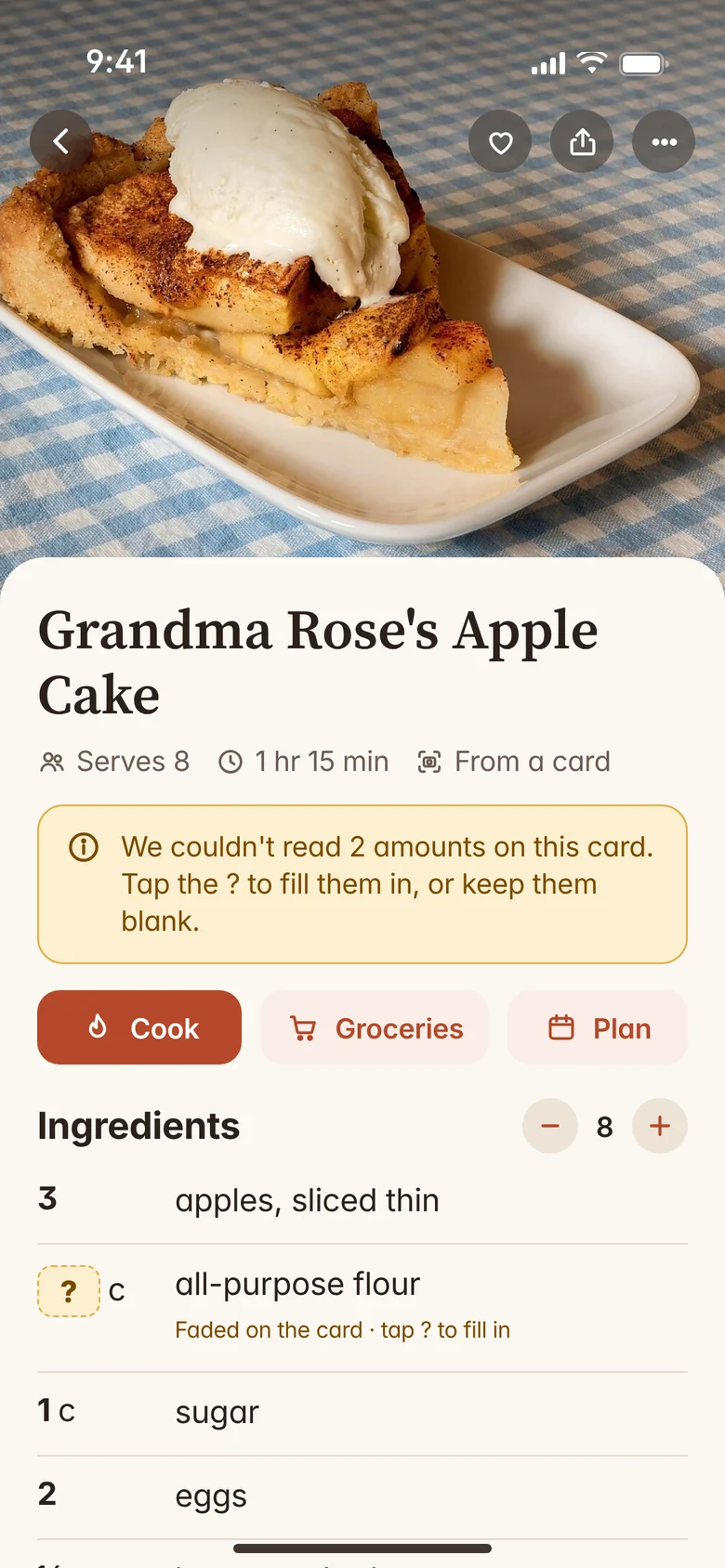 A recipe scanned from a handwritten card, with two unclear amounts marked for checking